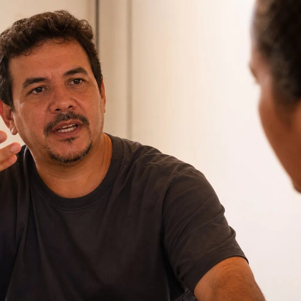 Duas alunas sentadas de frente uma para a outra numa mesa da sala em Goiânia; a da direita anota a resposta que vai dar